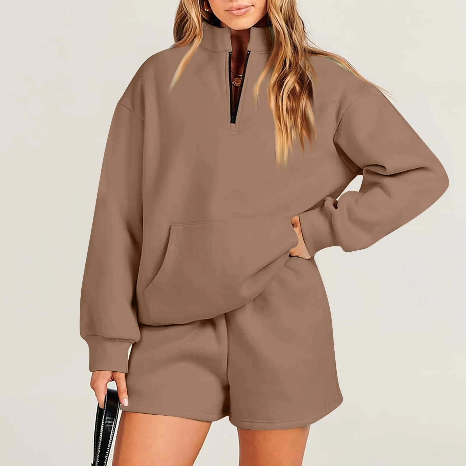 ChicEase Zip Pullover Shorts Set