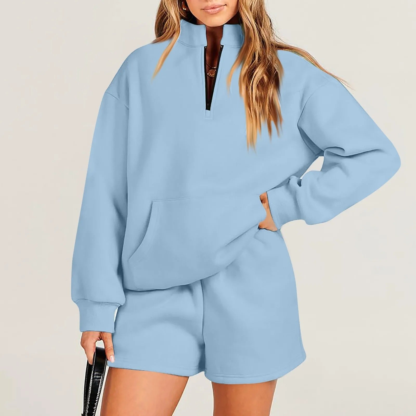 ChicEase Zip Pullover Shorts Set